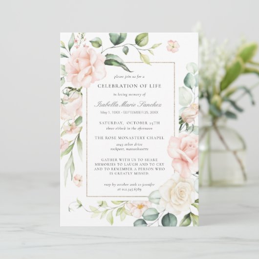 エレガントピンクローズフローラお祝い 招待状 (スタンド正面)