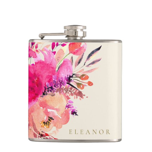 エレガントピンク水彩フローラカスタムブライダルパーティ フラスク (正面)
