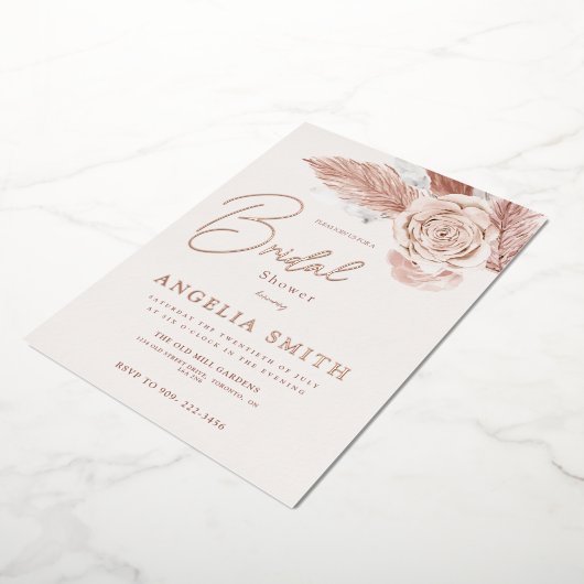 エレガントピンク水彩フローラブライダルシャワー実在 箔招待状 (回転した状態)