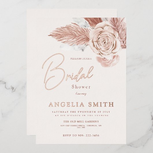 エレガントピンク水彩フローラブライダルシャワー実在 箔招待状 (正面/裏面)