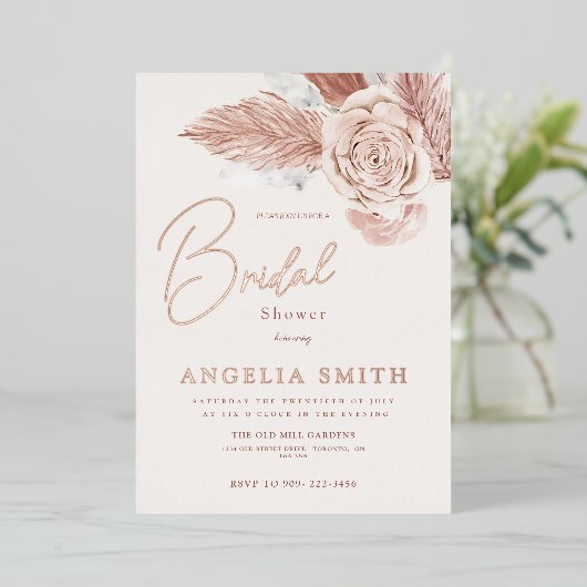 エレガントピンク水彩フローラブライダルシャワー実在 箔招待状 (立ち正面)
