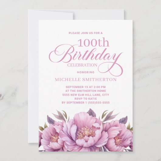 エレガントピンク水彩フローラ100誕生日 招待状 (正面)