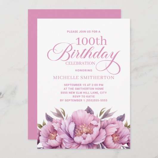 エレガントピンク水彩フローラ100誕生日 招待状 (正面/裏面)