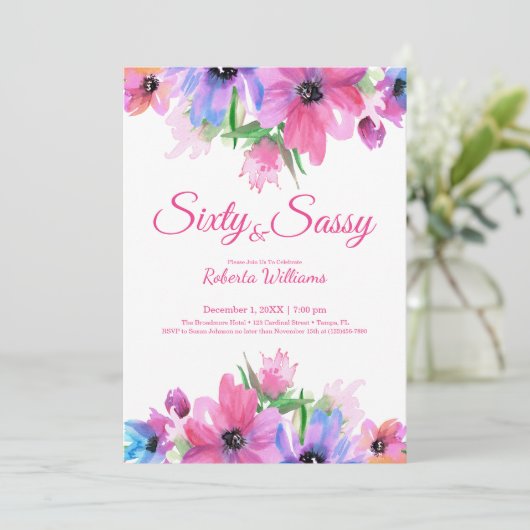エレガントピンク水彩フローラ60誕生日 招待状 (スタンド正面)