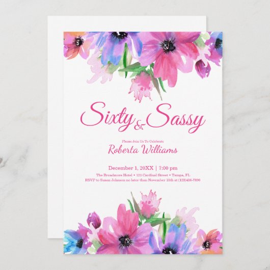 エレガントピンク水彩フローラ60誕生日 招待状 (正面/裏面)