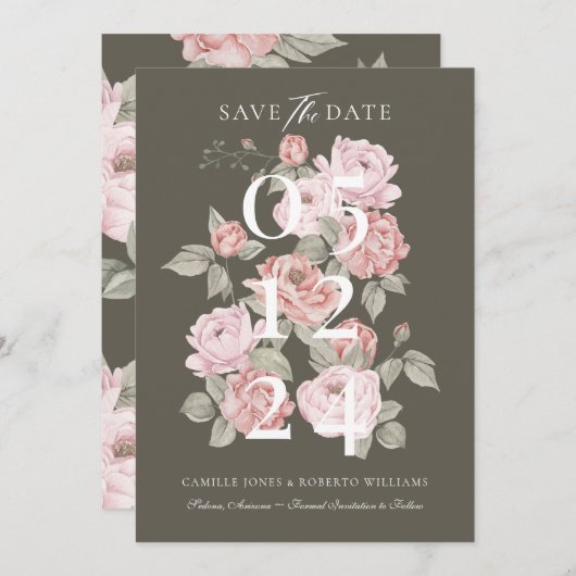 エレガントピンク水彩牡丹フローラ植物学 セーブザデート (正面/裏面)