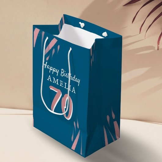 エレガントピンク水彩第70ハッピーバースデー ミディアムペーパーバッグ