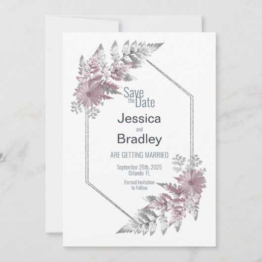 エレガントピンク灰色の幾何結婚図形 セーブザデート (正面)