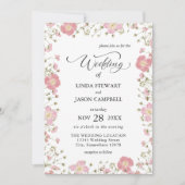 エレガントピンク秋フローラウォーター結婚カラー 招待状 (正面)
