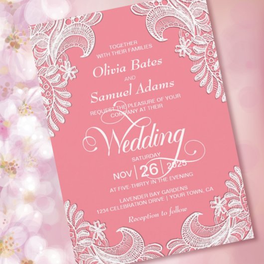 エレガントピンク結婚レース 招待状