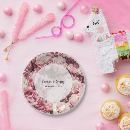 エレガントピンク結婚牡丹 ペーパープレート (パーティー)