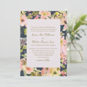 エレガントピンク色のネイビー色のフローラフォーマルの結婚数 招待状 (スタンド正面)