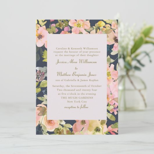 エレガントピンク色のネイビー色のフローラフォーマルの結婚数 招待状 (スタンド正面)