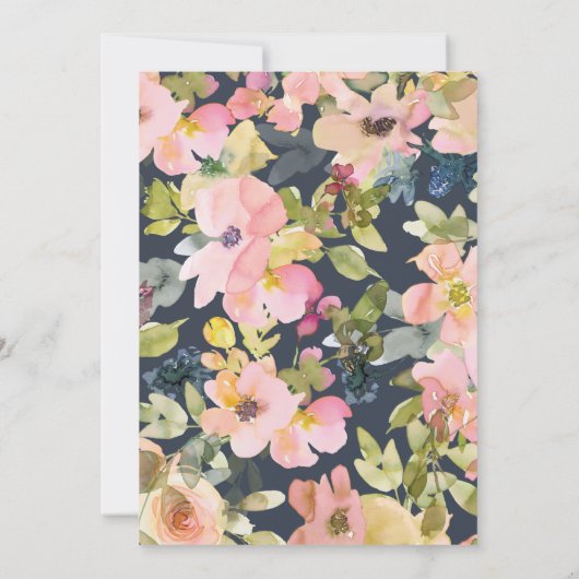 エレガントピンク色のネイビー色のフローラフォーマルの結婚数 招待状 (裏面)