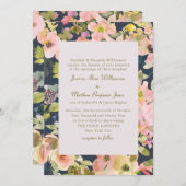 エレガントピンク色のネイビー色のフローラフォーマルの結婚数 招待状 (正面/裏面)