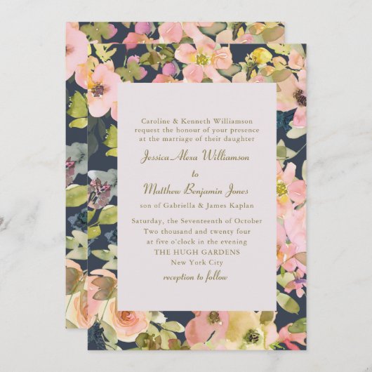 エレガントピンク色のネイビー色のフローラフォーマルの結婚数 招待状 (正面/裏面)