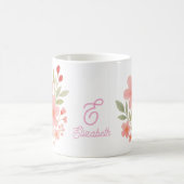 エレガントピンク色のフローラカスタムモノグラムの コーヒーマグカップ (中央)