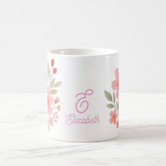 エレガントピンク色のフローラカスタムモノグラムの コーヒーマグカップ (中央)