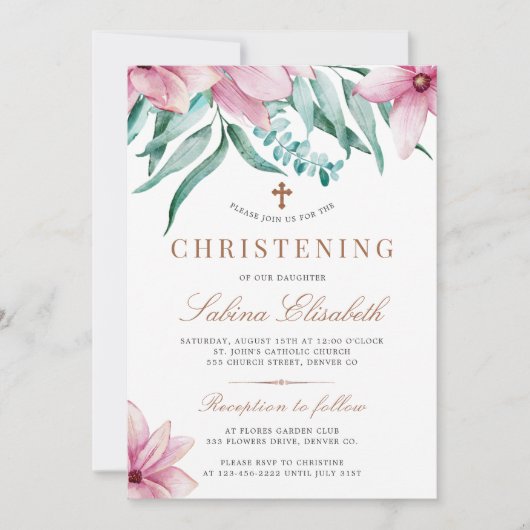 エレガントピンク色フローラ《キリスト教》洗礼式や命名式 招待状 (正面)