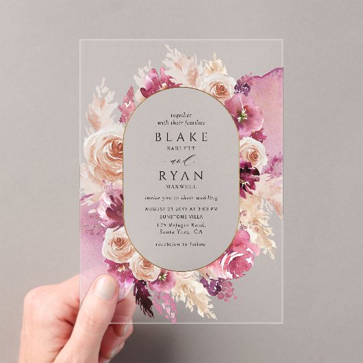 エレガントピンク、ブルゴーニュ、シャンパンのフローラ結婚ズ アクリル招待状 (インサイチュ (ポータブル))