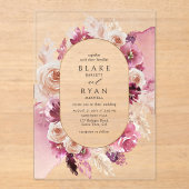 エレガントピンク、ブルゴーニュ、シャンパンのフローラ結婚ズ アクリル招待状 (正面)