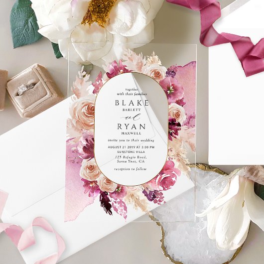 エレガントピンク、ブルゴーニュ、シャンパンのフローラ結婚ズ アクリル招待状