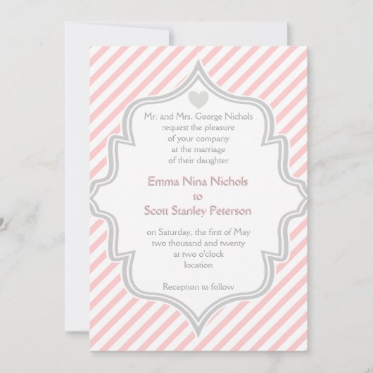 エレガントピンク、白、グレーストライプ結婚の 招待状 (正面)