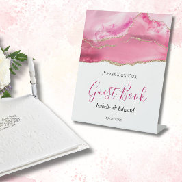 エレガントピンク&金ゴールドアガテ結婚石 台座サイン