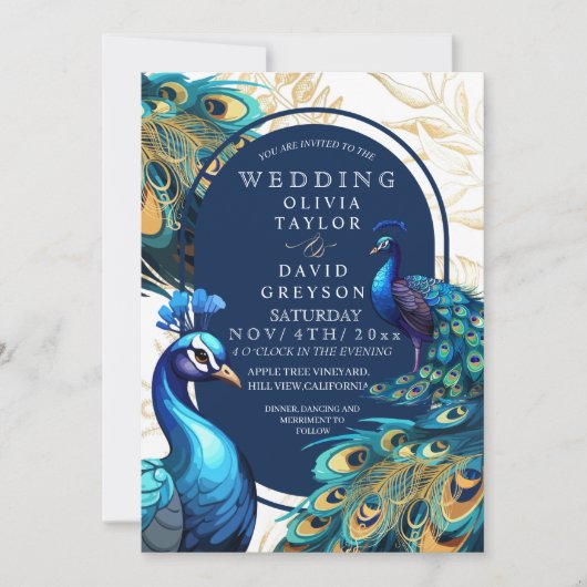 エレガントピーコックス金ゴールド羽フローラ結婚ス 招待状 (正面)