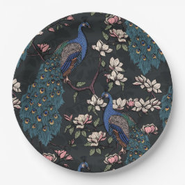 エレガントピーコックス&マグノリア花ブラック ペーパープレート