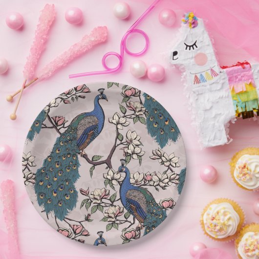 エレガントピーコックス&マグノリア花赤面ピンク ペーパープレート (パーティー)