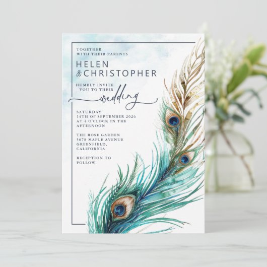 エレガントピーコック&ティール(緑がかった色) – ラビッシュ結婚式招待状 招待状 (スタンド正面)