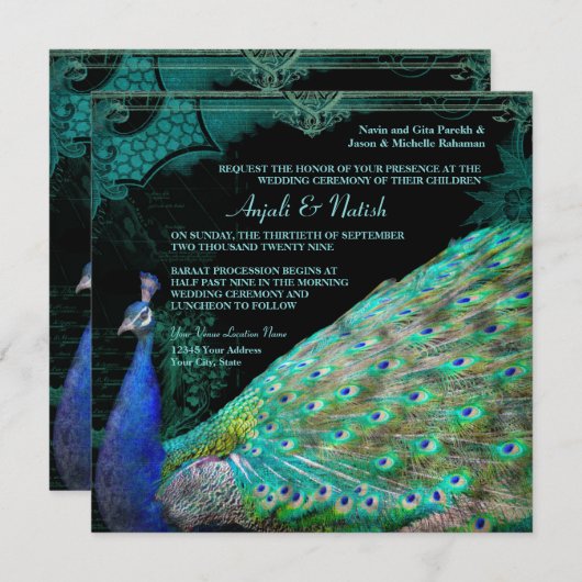 エレガントピーコックwヴィンテージスクロールインディアン結婚 招待状 (正面/裏面)