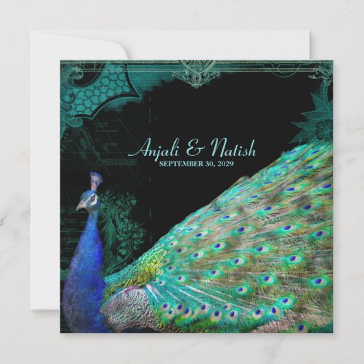 エレガントピーコックwヴィンテージスクロールインディアン結婚 招待状 (裏面)