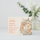 エレガントピーチクリームカラーフローラ100誕生日 インビテーションポストカード (スタンド正面)