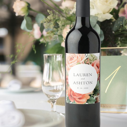 エレガントピーチバラパーソナライズされた結婚ズ ワインラベル