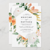 エレガントピーチホワイトウォーター色のフローラ結婚ズ 招待状 (正面/裏面)