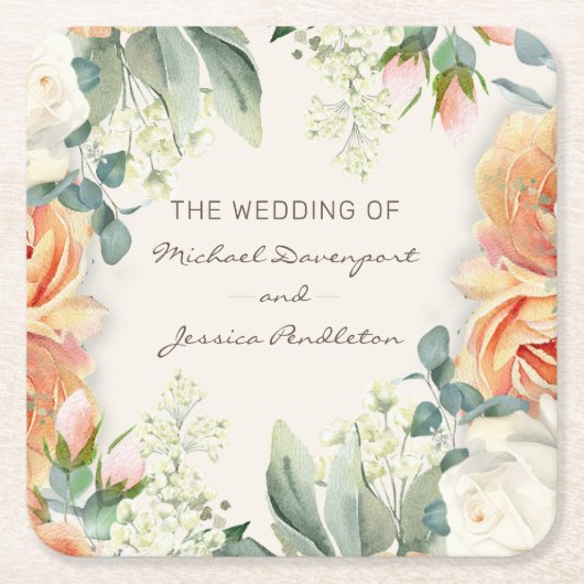 エレガントピーチームフローラ結婚の花婿 スクエアペーパーコースター (正面)