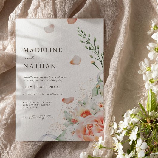 エレガントピーチ水彩フローラ結婚ズ 招待状