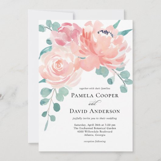 エレガントピーチ水彩フローラ結婚ズ 招待状 (正面)