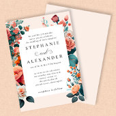 エレガントピーチ&ティール（緑がかった色）フローラフォーマル結婚ズ 招待状