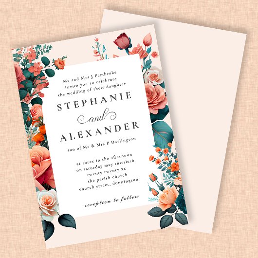 エレガントピーチ&ティール（緑がかった色）フローラフォーマル結婚ズ 招待状