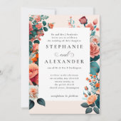 エレガントピーチ&ティール（緑がかった色）フローラフォーマル結婚ズ 招待状 (正面)