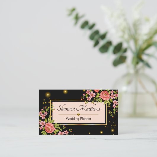 エレガントピーチ&ブラックフローラバラウェディングプランナー 名刺 (スタンド正面)