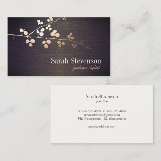 エレガントファッションスタイリスト金ゴールド分岐木材 名刺 (正面/裏面)