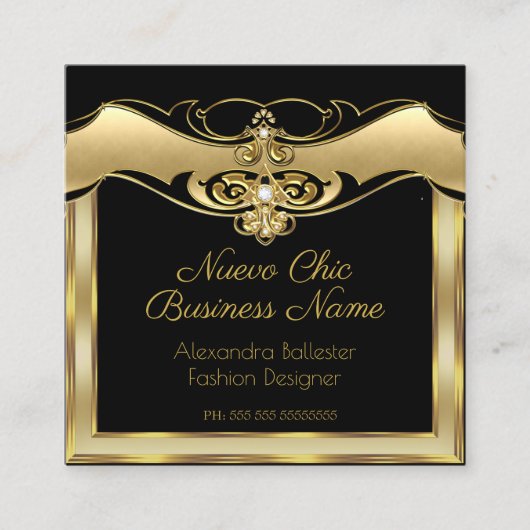 エレガントファッションスタイリッシュベージュ金ゴールドブラックダイヤモンド スクエア名刺 (正面)