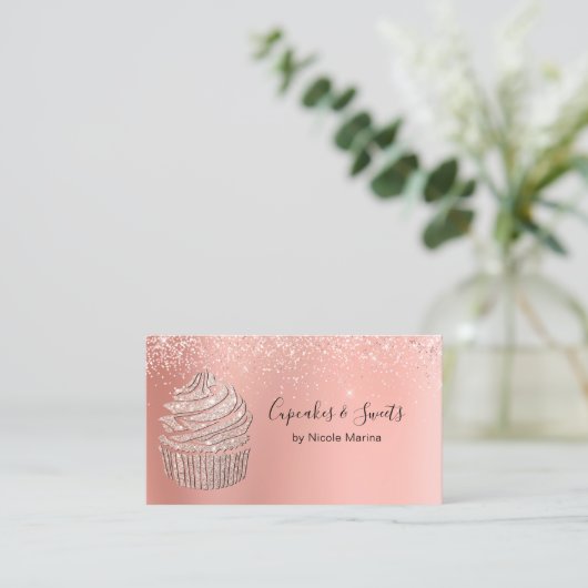 エレガントファンシーフェイクバラ金ゴールドカップケーキスイーツベーカリー 名刺 (スタンド正面)