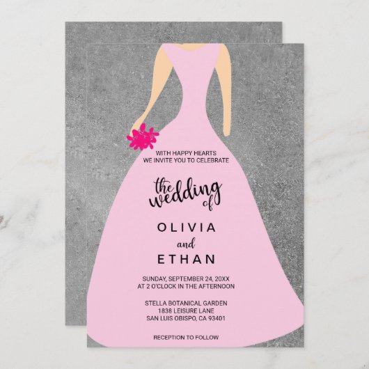 エレガントファンシーフローラ花嫁グレー結婚式招待状 招待状 (正面/裏面)