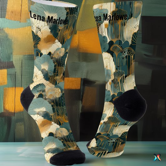 エレガントファ日本のンの金ゴールドとティール（緑がかった色）パーソナライズされた ソックス