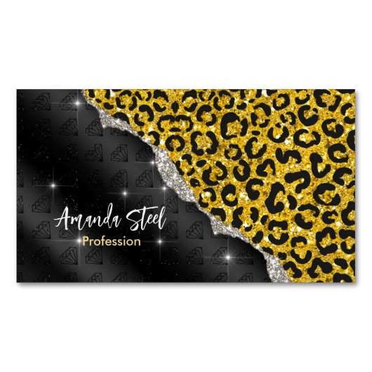 エレガントフェイクガーリー金ゴールドグリッターアニマルプリント マグネット名刺 (正面)